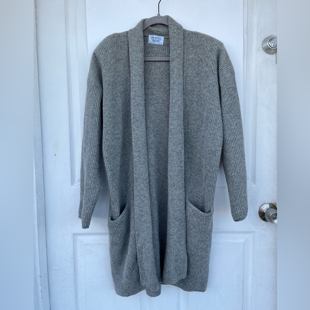Gray Lambswool Angora Open Front Cardigan Sweater Women’s L Soft Knit petit rose